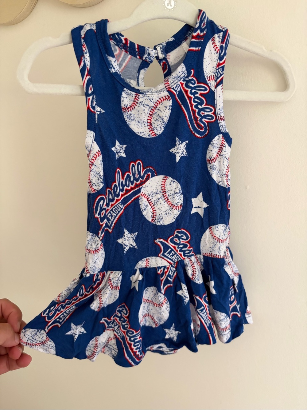 Girls' Blue Baseball Print Tank Dress with Ruffle Hem